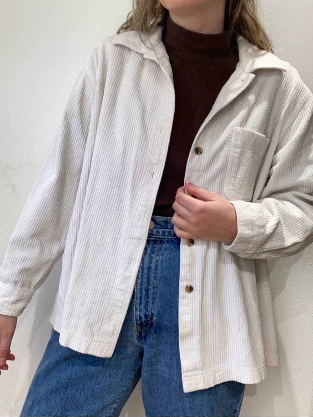 L.L. Bean Cream Ribbed Button-Down Shirt Jacket